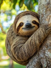 Naklejka premium A Sloth with a Gentle Expression, Clinging to a Tree Trunk