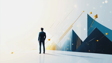 Obraz premium Abstract business man stands on the peak of success amid tall, innovative Smart city and graphs with statistics to analyze business potential and predict future developments in company growth. 
