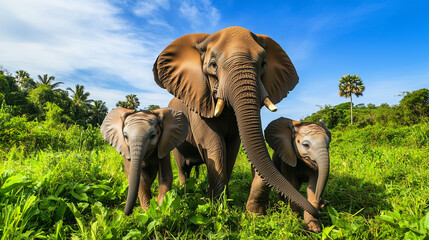 Fototapeta premium Elephant Family Grazing in Lush African Landscape