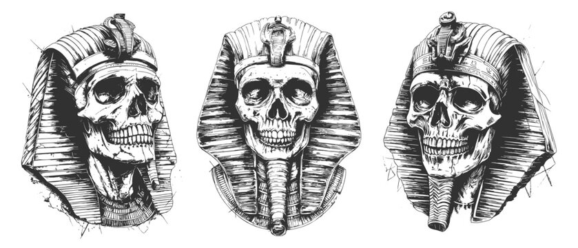 Pharaoh skull sketches. Egypt pharaohs skulls face tattoo sketch, egyptian civilisation dead king skeleton head vintage pencil drawing history person retro art vector illustration