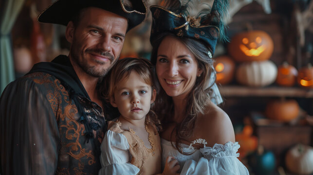 Costume Photo Booth, families posing in front of spooky backgrounds for fun Halloween costume photos, Halloween, with copy space