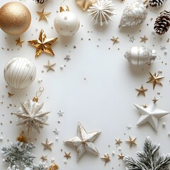 White & Gold Christmas Ornament Flat Lay Background