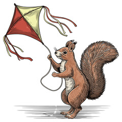 Squirrel Flying a Colorful Kite on a Breezy Day