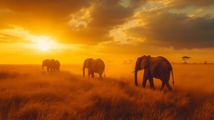 Elephants Grazing in Vibrant Sunset Landscape on the Savanna
