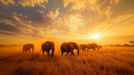 Elephants Walking Through Golden Grassland at Sunset