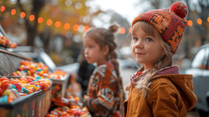 Obraz premium Trunk-or-Treat Event, families visiting cars decorated with Halloween themes in a parking lot, kids collecting candy from each car, Halloween, with copy space