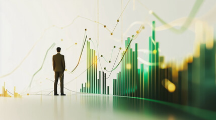 Abstract business man stands on the peak of success amid tall, innovative Smart city and graphs with statistics to analyze business potential and predict future developments in company growth.	
