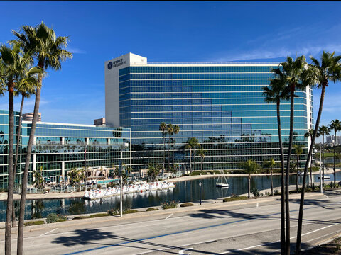 Long Beach, CA  USA- January 11, 2024: Exterior of the Hyatt Regency Hotel by the Long Beach Convention Center