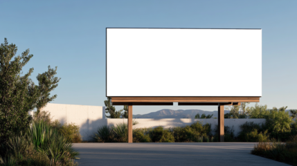 Valla publicitaria al aire libre en paisaje de montaña al atardecer