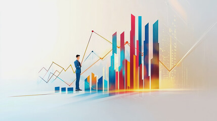 Abstract business man stands on the peak of success amid tall, innovative Smart city and graphs with statistics to analyze business potential and predict future developments in company growth.	