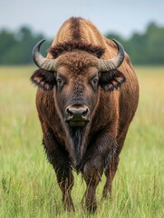A Close-Up Portrait of a Brown Buffalo with Large Horns