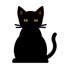 A black cat with yellow eyes is sitting on a white background. The cat has a mysterious and eerie appearance, which is typical of Halloween-themed images