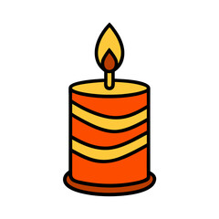 A candle with a yellow flame sits on a table. The candle is orange and yellow, and it is lit. The flame is small, but it is bright and warm. The candle is a symbol of light and warmth