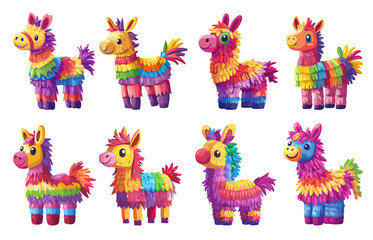 Obraz premium Pinatas. Mexican confetti candy donkey, children paper fun decoration holiday or birthday party, set vector illustration