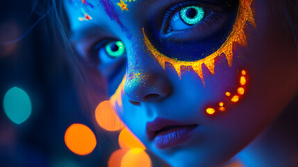 Fototapeta premium Child with Glow-in-the-Dark Face Paint and Halloween Lights