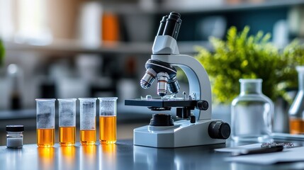 science lab equipment like microscope and test tubes on a table signifies hands-on learning, suitable for an educational concept banner