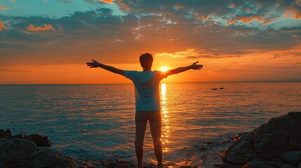 Fototapeta premium Embracing the Sunset: A Moment of Serenity by the Sea