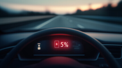 Close-up of an electric car dashboard with a digital display showing "5%" battery level, on the highway at dusk, with a blurred background.