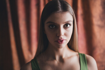 Fototapeta premium Photo no filter of young charming stunning lady wearing sportswear in studio over brown color background