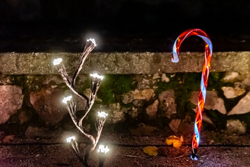 led light ornaments in the shape of christmas canes and light bushes