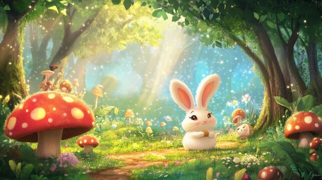 A cheerful cartoon bunny playing hide and seek with friends in a magical forest, with large mushrooms and sparkling trees