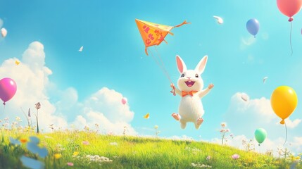 A cheerful cartoon rabbit flying a kite on a grassy hill, with colorful balloons floating in the background