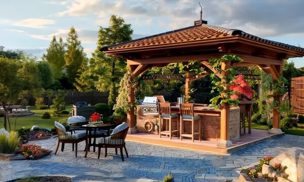 Having a barbecue dinner under the gazebo in the backyard, Video
