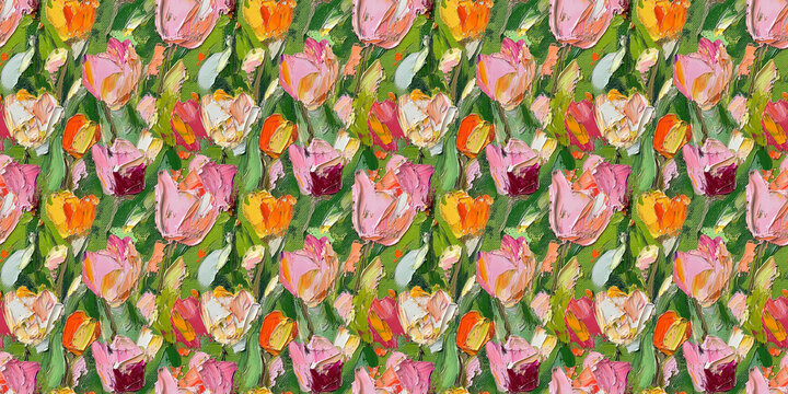 an impressionist painting of tulips, featuring a vibrant palette of pink, green, orange, and red hues