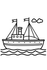 A black and white drawing of a ship sailing in the ocean, showcasing naval architecture with a rectangular hull, triangular sails, and a tall mast