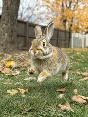 Fototapeta premium A Brown and White Rabbit Leaping Through Fall Leaves