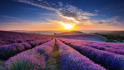 Obraz premium Vibrant Sunrise Over Rolling Lavender Fields, Creating a Breathtaking Color Palette