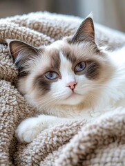 A White Ragdoll Cat with Blue Eyes Resting on a Fuzzy Blanket