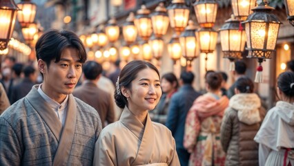 Fototapeta premium Couple in traditional attire smiling amid colorful lanterns during Chuseok festival celebration