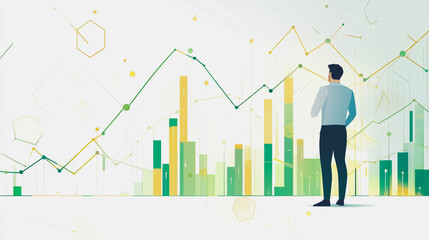 Abstract business man stands on the peak of success amid tall, innovative Smart city and graphs with statistics to analyze business potential and predict future developments in company growth.	