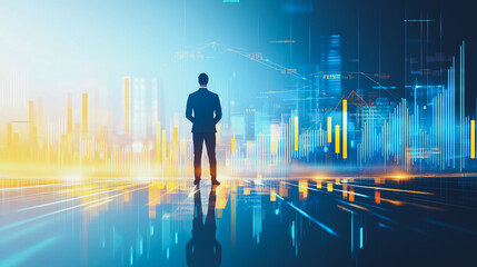 Abstract business man stands on the peak of success amid tall, innovative Smart city and graphs with statistics to analyze business potential and predict future developments in company growth.	