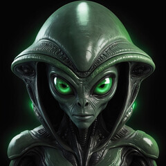 Mysterious green alien, dark sci-fi extraterrestrial character, glowing green eyes, perfect for Halloween and space-themed fantasy designs