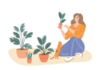 girl sitting on the floor with houseplants and cat, Flat vector illustration.