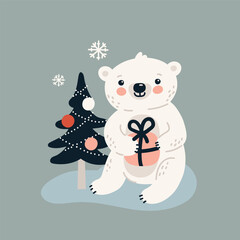 Cute white cartoon bear with christmas tree, vector winter illustration in flat style.