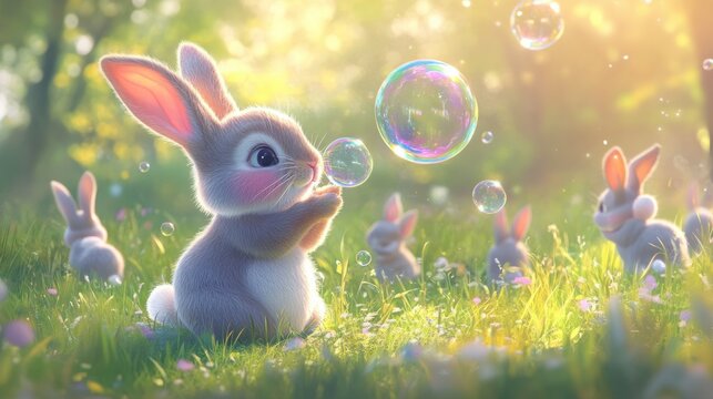 A sweet cartoon bunny blowing bubbles in a park, with bubbles reflecting rainbows and other bunnies hopping nearby