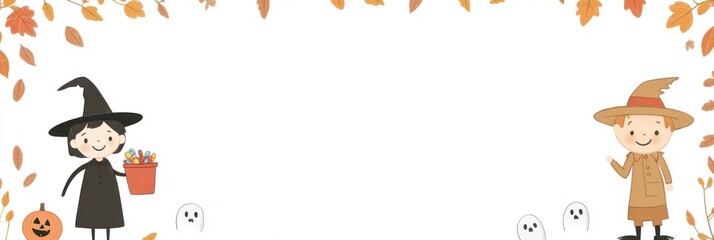 Fototapeta premium Banner cute children dressed as a witch and scarecrow holding candy buckets, surrounded by autumn leaves and friendly ghosts on a white background