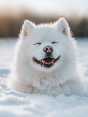 Fototapeta premium A White Samoyed Dog Lying in the Snow With Its Eyes Closed and Mouth Open