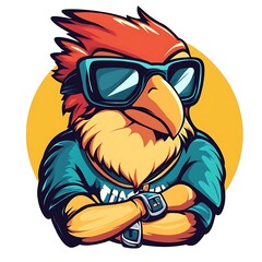 Cool bird mascot character with sunglasses and crossed arms