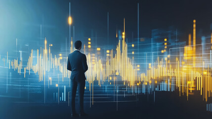 Abstract business man stands on the peak of success amid tall, innovative Smart city and graphs with statistics to analyze business potential and predict future developments in company growth.	