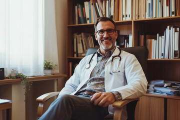 a realistic happy psicologist on his office waiting for his next patient 