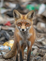 Obraz premium A Red Fox Standing Among Rubbish
