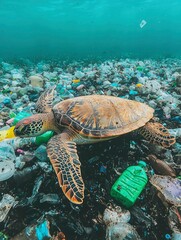 Fototapeta premium Sea Turtle Surrounded by Plastic Waste in Ocean