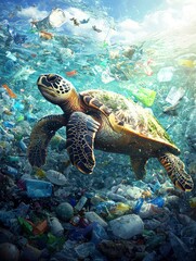 Obraz premium Sea Turtle Swimming Through Plastic Pollution in the Ocean