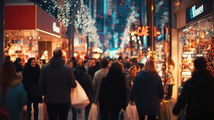 Fototapeta premium Busy shopping mall on Black Friday with festive decorations and crowds