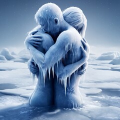 Naklejka premium 3D Render of a couple embracing in a snowy landscape.