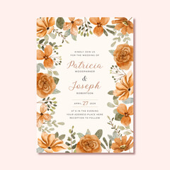 wedding invitation with orange floral watercolor frame